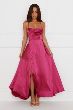 Length from bust to hem of size S: 125cm. Chest: 37cm, Waist: 33cm, across front only of size S. Maxi dress. Semi-lined. Model is a standard XS and is wearing size XS. True to size. Non-stretch. Satin. Cowl neckline. Crisscross back. Straight, flowy skirt. Split to skirt. Zipper with hook eye closure. Cold hand wash only. Polyester. Lovely, RSVP yes with the Matilda Satin Maxi Dress. Featuring a subtle cowl neckline, a split to the skirt and a silky satin silhouette. Style with heels for a class First Day Outfit, Classy Fits, Skirt Zipper, Bridal Shower Dress, Maxi Dress Prom, Maxi Dress Wedding, Jumpsuits And Romper, Satin Maxi, Satin Maxi Dress