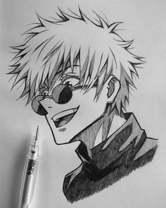 a drawing of an anime character with glasses and a tie on his head, next to a pen