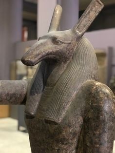 an ancient egyptian statue in the shape of a dog's head and tail, on display at a museum