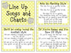 four yellow and white poem cards with words on them that say, line up songs and characters