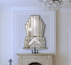 a living room with a fireplace, mirror and chandelier on the wall above it