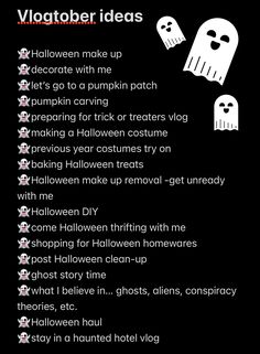 a black poster with white ghost faces and the words halloween ideas written in red on it