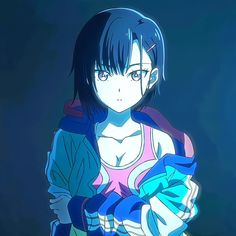 an anime character with dark hair and blue eyes is holding something in her hands while looking at the camera