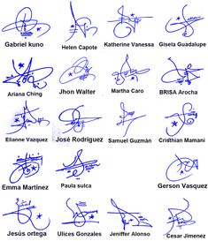 an autographed sheet with the names and numbers of various people in blue ink