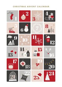 a christmas calendar with numbers and symbols on the front, in red and grey colors