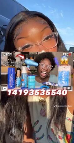 a woman is holding up a fake photo with her hair and makeup products on it