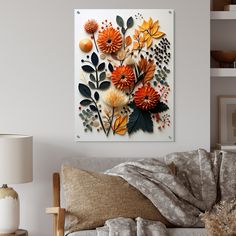 a living room scene with focus on the flower artwork