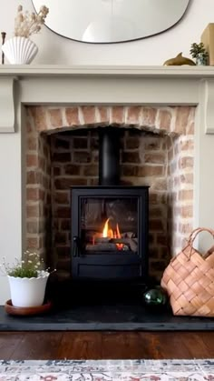 a fire place with a basket and potted plants