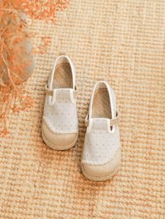 Introducing Cactus Rose's Aletta Dots Linen Espadrilles, the perfect blend of style and comfort. These espadrilles feature a playful mini polka dot design on lightweight linen material. Slip into these quirky and fun shoes to add a touch of personality to any outfit. 0.59" heel Slip-on 100% Linen upper No lining Natural straw mat breathable insole Rubber sole White Flat Bottom Slip-ons For Summer, Comfortable Cream Flats For Spring, Espadrille Slip-ons With Rubber Sole And Round Toe, Casual Natural Color Slip-ons For Spring, Summer Slip-ons With Rubber Sole And Round Toe, Spring Cream Slip-ons With Flat Heel, Cream Slip-ons With Flat Heel For Spring, Beige Slip-ons With Woven Sole And Round Toe, Beige Casual Flats With Perforated Toe Box