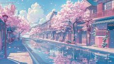 an anime scene with cherry blossom trees and water in the foreground, buildings on either side