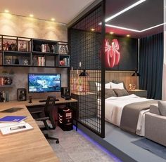 a room with a bed, desk and television in it