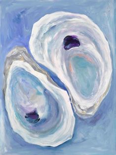 an oil painting of two white seashells on a blue and purple background, with one shell facing the viewer