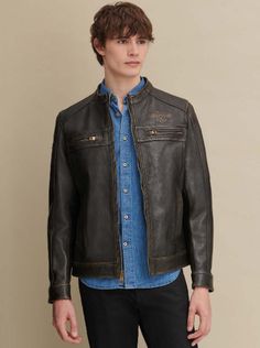 Rock a retro look in this moto-inspired jacket from Wilsons Vintage, which features distressed genuine leather, embossed accents and patches on the sleeves. All our... Deadpool Jacket, Captain America Jacket, Cafe Racer Jacket, Biker Jacket Men, Leather Store, Womens Biker Jacket, Racer Jacket, Leather Cleaner, Real Leather Jacket