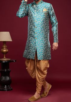 Ready-Made Sherwani With Peshawari Trouser. All Over Jacquard Brocade Style Fabric Top. Art Silk Peshawari Ready Made Trouser. Crafted in Chinese Collar Neck, and Full Sleeve. Satin Lining with Plain Work. High-Quality Matching Buttons. Please Note: The footwear shown in the picture is for presentation and photography purpose only. Color: There might be slight color variation due to lightings and flashes while photo shooting. The color may also vary because of different screen resolutions. Wash Western Party Wear, Punjabi Boutique, Mens Sherwani, Chinese Collar, Indian Kurta, Readymade Saree, Western Parties, Clothing Websites, Eid Collection