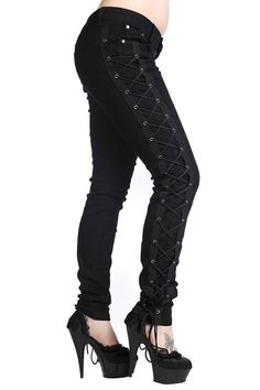 Banned Gothic Rockabilly Steampunk Cyber Black Side Corset Skinny Jeans Pants Styl Goth, Gothic Trousers, Corset And Jeans, Zz Top, Casual Cosplay, Black Corset, Black Side, Corset Style