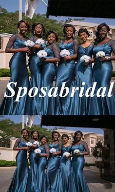 the bridesmaids in blue dresses are posing for pictures