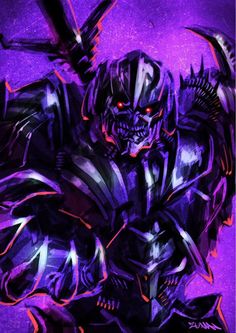 an image of a demonic looking robot with red eyes and claws on his arm, in front of a purple background