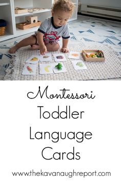 a toddler playing with montessor language cards on the floor