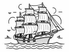 illustration of Pirate ship on the high seas coloring Pirate Ship Coloring Page Free Printable, Ships Coloring Pages, Ship Coloring Pages, Free Planner Pages, Mandala Turtle, Kids Camp, Pirate Adventure, Sea Colour