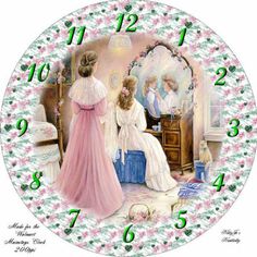 a clock with two women in front of a mirror