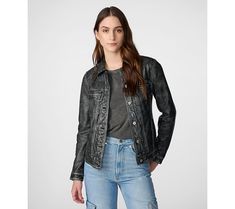 Cool, classic, and casual, this leather jacket gets its vintage vibe from a washed denim look. But we assure you, it will feel new every time you put it on! From Wilson's Leather. Classic Distressed Denim Jacket For Fall, Casual Distressed Leather Biker Jacket, Casual Distressed Biker Jacket For Fall, Casual Distressed Leather Jacket With Long Sleeves, Casual Leather Denim Jacket For Fall, Casual Leather Jacket With Snap Buttons, Casual Distressed Biker Jacket, Casual Everyday Leather Jacket, Casual Leather Jacket With Button Closure