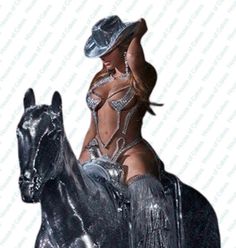 a woman riding on the back of a black horse wearing a silver outfit and hat