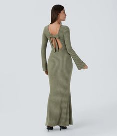 Maxi Casual Dress, Maxi Dresses Casual, Long Sleeve Bodycon, Tie Backs, Tie Back, Ribbed Knit, Casual Dress, Mermaid, Knitting