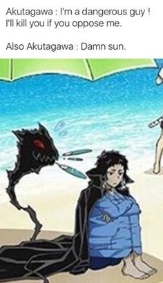 an anime character sitting on the beach next to another character with an umbrella over their head