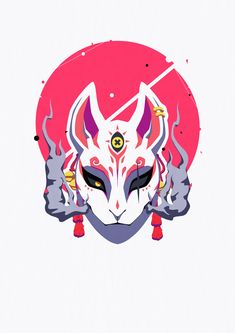 a stylized image of a demon mask with horns and claws on its head, in front of a pink circle