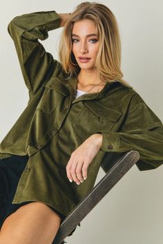 A faux corduroy shirt with dropped shoulders. The fabric is smooth to the touch which gives it a velvet-like lightweight finish. NOTE: The colors may look darker in person. Model: Size Small, Height (5'9") Fabric Contents: 100% Polyester Colors: Olive, Mustard * Due to lighting and differences in monitors, actual colors may vary slightly from what appears online. Person Model, Denim Jacket Short, Drop Shoulder Shirt, Corduroy Shirt, Denim Joggers, Tall Girl, Boot Cut Denim, Wide Leg Denim, Cardigan Tops