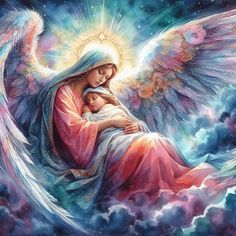 a painting of an angel holding a baby in her arms with clouds and stars around it