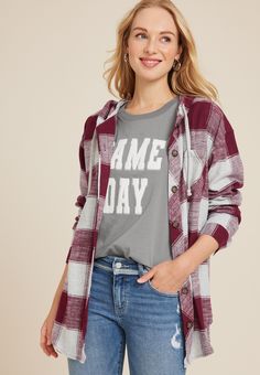 Cabin Plaid Boyfriend Hooded Button Down Shirt - Materials & Care:imported - 100% cotton - machine wash Hooded Cotton Top With Button Closure, Casual Cotton Hoodie With Button Closure, Cotton Hoodie With Button Closure, A Cabin, Favorite Sweater, List Style, Flannel Fabric, Plus Dresses, Cotton Flannel