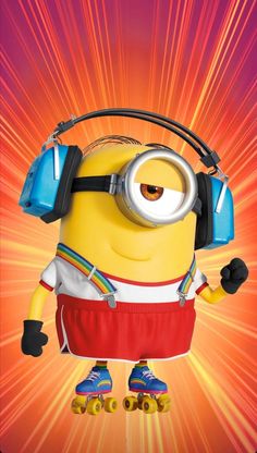 a yellow minion with headphones on and skates in front of an orange background