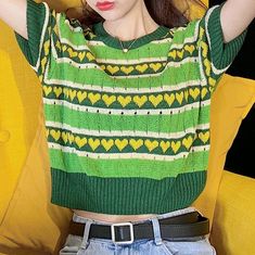 Avocado Green Color Block Stripe Heart Knit Top Casual Cotton Knitted Patterns, Casual Knitted Cotton Patterns, Casual Green Cotton Patterns, Casual Knit Tops With Heart Print, Cute Green Knitted Sweater, Casual Multicolor Knitted Patterns, Casual Cotton Patterns For Spring, White Fitted Casual Patterns, Casual Fitted Patterns For Spring