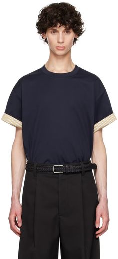 Bottega Veneta: Navy & Yellow Double Layer T-Shirt | SSENSE Relaxed Fit Crew Neck Top With Striped Cuffs, Navy Cotton Top With Striped Cuffs, Cotton Crew Neck Tops With Striped Cuffs, Classic Crew Neck Tops With Striped Cuffs, Navy Cotton T-shirt For Work, Crew Neck Tops With Striped Cuffs For Work, Layered T Shirt, Jersey T Shirt, Logo Embroidered