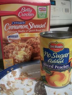 a can of cinnamon cheese next to a box of no sugar added sliced peaches