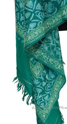 Teal Green Floral Kashmir Shawl Hand Embroidered Wrap II Suzani Needlework Wrap 27x76 - Kashmir Designs Luxury Presents, Beauty Texture, Hand Dyed Shawl, Kashmir Shawl, Class Displays, Kashmir India, Paisley Design, World Famous, Teal Green