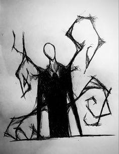 a black and white drawing of a man with arms outstretched in front of an abstract design