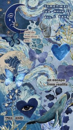 a collage of blue and white images with words written on them, including an image of a whale