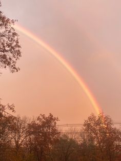 a double rainbow in the sky over some trees