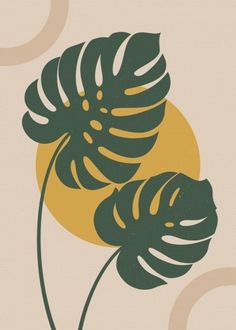 two green and yellow leaves on a beige background