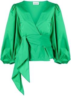 emerald green cotton wraparound style V-neck long sleeves fitted-cuff sleeves tied waist straight hem Character Clothing, Green Blouse, V Neck Blouse, Green Cotton, Cuff Sleeves, Emerald Green, Size Clothing, A R, Fashion Branding