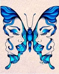 a drawing of a butterfly with blue hair and makeup on it's wings is shown