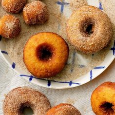 several donuts on a plate with sugar sprinkled around them and some are sitting on the table