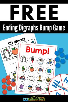 the free printable worksheet for ending diggraphs bump game is on display