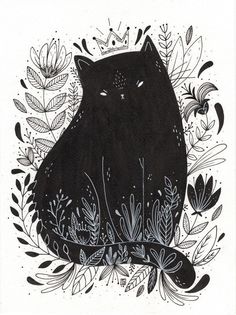 a black cat sitting on top of a tree branch surrounded by leaves and flowers with eyes closed