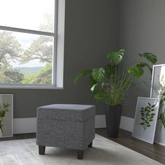 a living room with a gray ottoman and potted plant