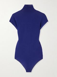 You can always count on Alaïa's designs to be both alluring and chic. This turtleneck bodysuit is made from soft wool-blend jersey and has exaggerated arm holes that reach your hips. Wear it with the coordinating skirt in our edit. Blue Turtleneck, Turtleneck Bodysuit, Exclusive Dress, Sport Swimwear, Sports Skirts, Shearling Jacket, Soft Wool, Dress And Heels, Body Suit