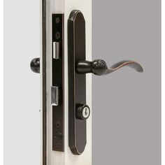 an open door with the handle on it's left side and two black handles