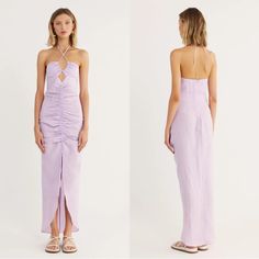 Perfect Vacation Maxi Dress Featuring Ruching At Front, Halter Ties And Diamond Cut Out. Flattering Cut To Show Off Some Leg And Showcase The Figure. Still Sold Full Price Online, Brand Sold On Revolve. Main: 100% Linen Lining: 100% Cotton Designed And Made In Australia. Ptp: 15.5” Summer Lavender Fitted Maxi Dress, Fitted Lavender Maxi Dress For Summer, Purple Fitted Summer Maxi Dress, Purple Fitted Maxi Dress For Summer, Fitted Purple Maxi Dress For The Beach, Fitted Purple Maxi Dress For Summer, Purple Ruched Maxi Dress For Spring, Spring Purple Ruched Maxi Dress, Fitted Purple Maxi Dress For Brunch